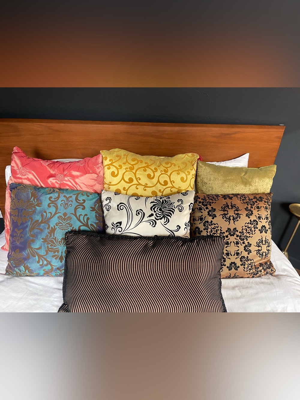 Blue Damask Decorative Pillow with Gold Pattern - Picture 3 of 4